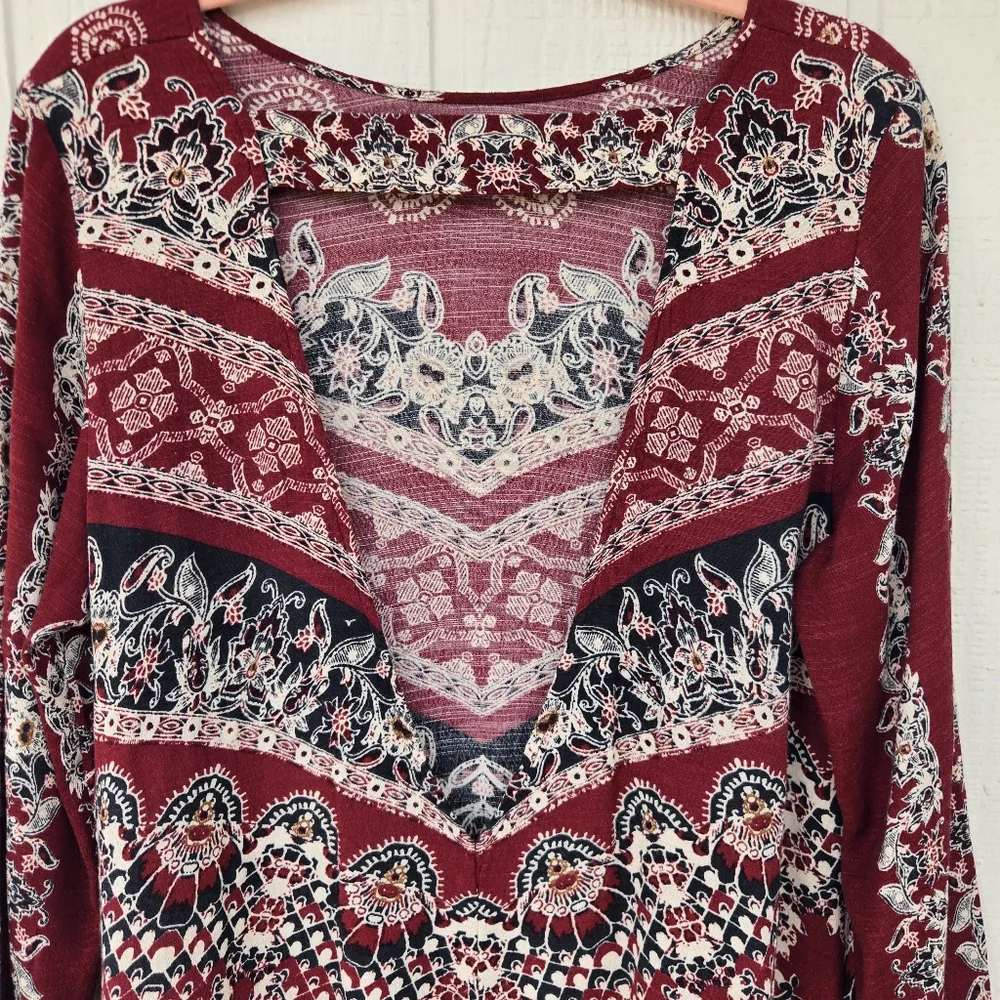 Free People Smooth Talker Boho Paisley Deep Cut V Back Peplum  Tunic Mini Medium - Picture 6 of 9